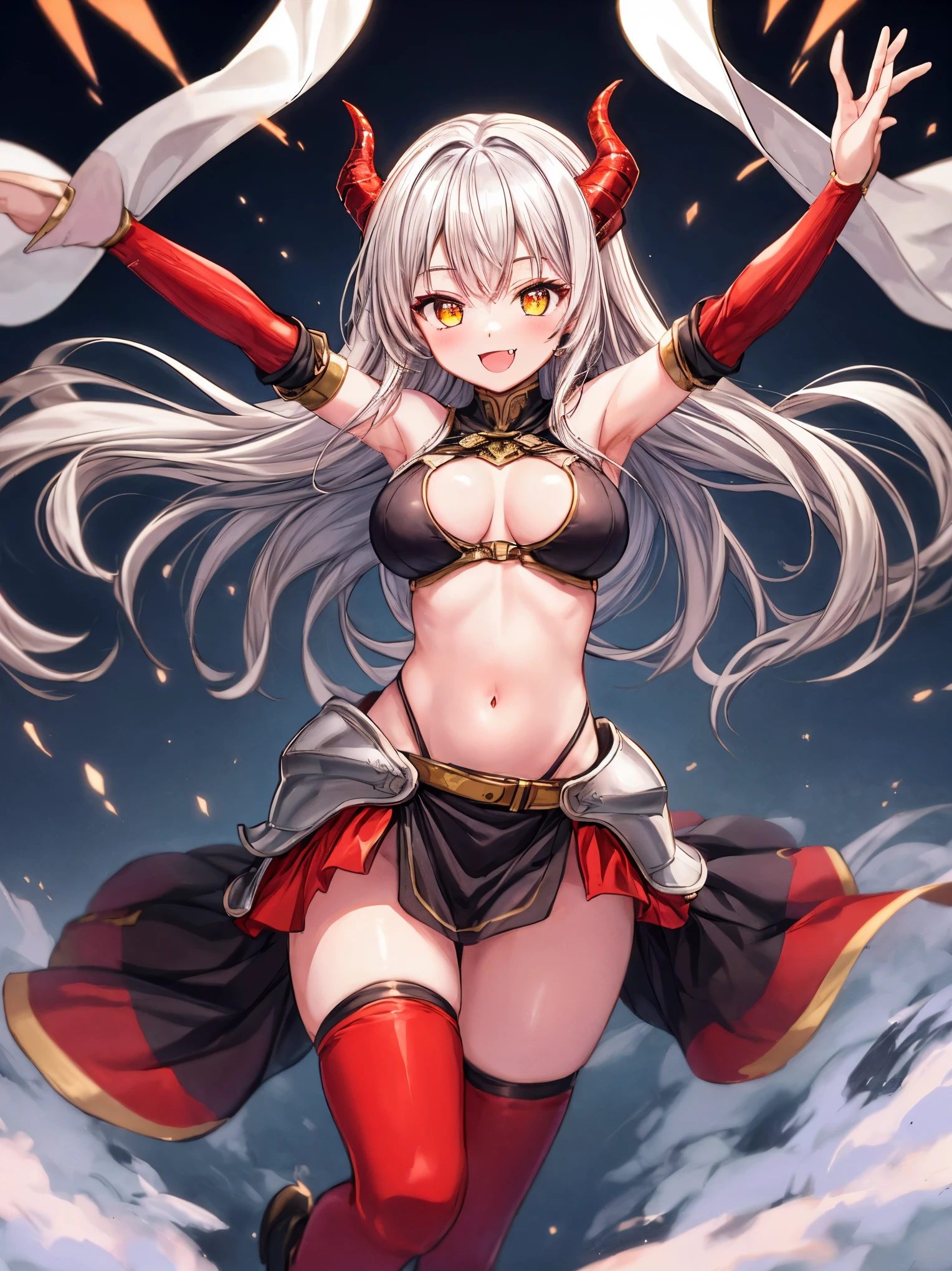 fantasy, 1devil_girl, low_, platina_blond_hair,long_bangs, bare_shoulder, navel out, thighhighs,silver_armor, red_wear,waist_armor, Glebe, hold_swords, large_tits, dynamic_floating_pose,Floating,(pelvic_curtain:1.3), silver_Headgear ,looking_down_at_sunrise_city_sky_background,,slightly_spread_legs,solo,horn ,smile,,open_legs,open_arms,rise_knee,rise_leg,rise_thigh,rise_leg,apart_legs,fang,Shiny_gold_eyes,crotch
