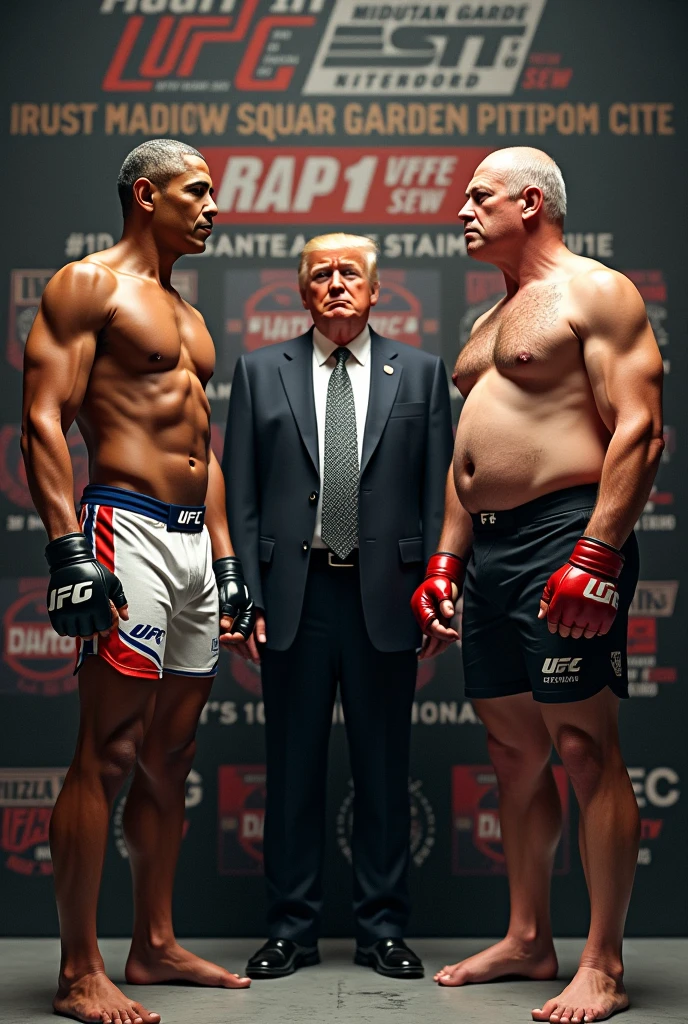 Barack Obama wearing ufc clothes vs Donald trump with a bear belly and wearing ufc clothes. UFC president Dana white standing between them. A ufc fight poster with promotion writing on the poster saying there fighting at Madison Square Garden, New York.