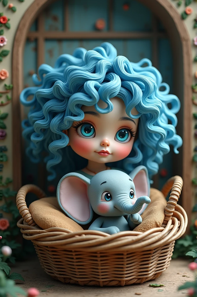 Curly blue haired girl
with blue eyes
Inside an old basket
There is a cute little elephant
Inside a very dreamy house
style 3D