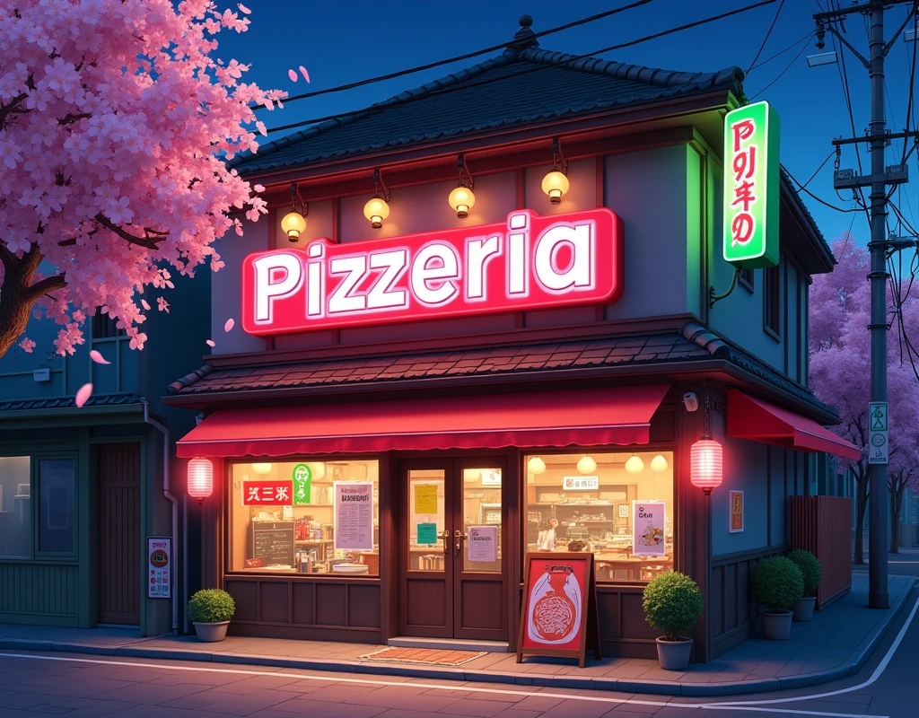 Pizzeria scenario, only the establishment, no customers, no employees, It's Night, Outside view, in anime style