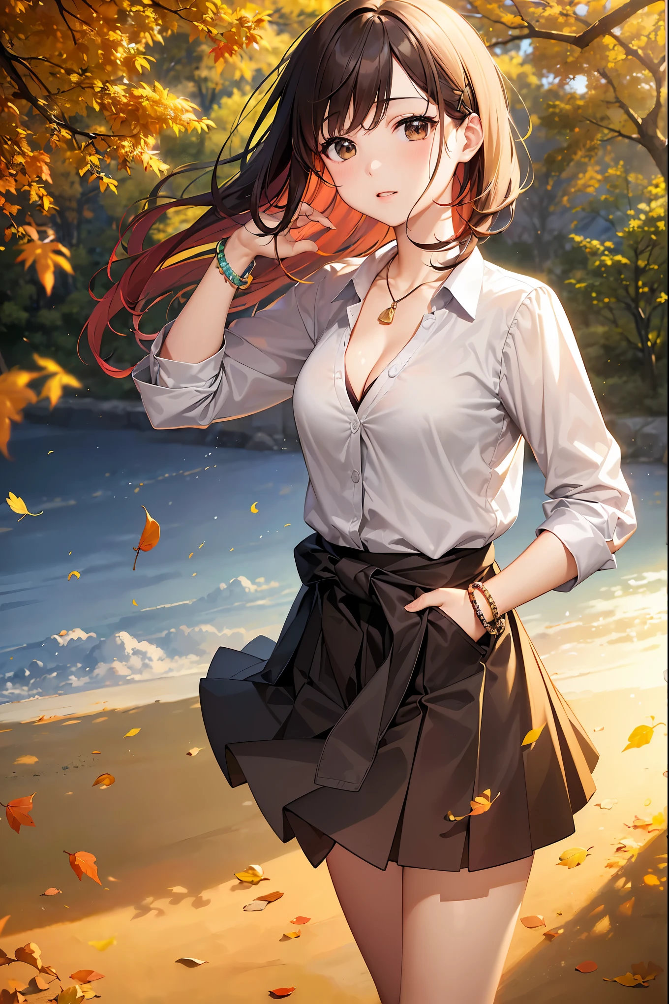 Bright lighting、Beautiful illustrations、
(8k, RAW Photos, Highest quality, masterpiece:1.2), (Realistic, Photorealistic:1.37), Ultra-detailed, 1 person, solo, cute, Beautiful poop、(School uniforms:1.2), (Improve:1.2), (White shirt:1.3), (Beige cardigan tied around the waist:1.3), ((Cleavage, Button unbuttoned):1.2), (Checkered Pleated Skirt:1.2), ((necklace,Colorful Bracelets,x Hair accessories):1.2), Mountain, wood々Yellow leaves of, autumn leaves、Background view, sunset, sunlight, Beautiful afternoon, cloud, Wind in my hair, Leaves flutter, Environment details, More vibrant colors, Saturation effect