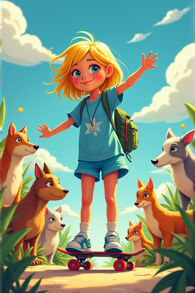 Create one who loves animals and skateboarding is blonde,dressed in light blue and Mauricio de Souza style