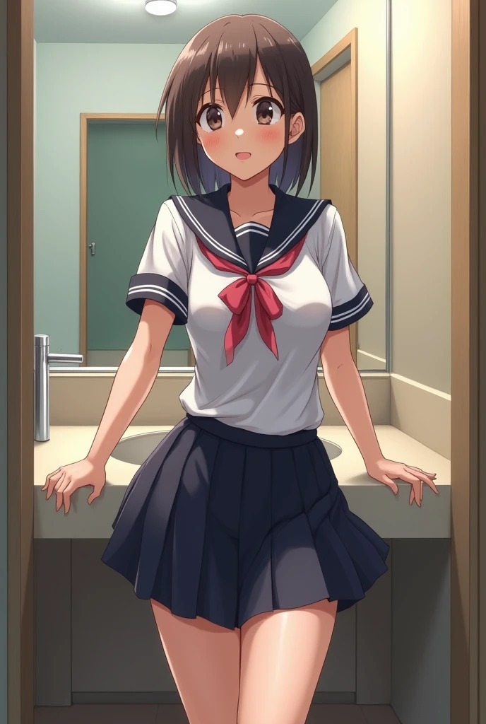 (((NSFW))), ((best quality)), ((masterpiece)), ((detailed)), (((perfect face))), (((slender 18yo teenage girl))), ((((medium breasts)))), ((((topless)))), ((((dark blue pleated skirt)))), ((dark brown hair)), ((short ponytail)), (((blue eyes))), ((shy:1.3)), ((blushing:1.5)), (((bare chest))), ((bare stomach)), ((bare shoulders)), (((bare arms))), ((((gym, windows)))), (((standing))), (((shy arms))), (((looking at viewer))), (((open front door))), ((((detailed background))))