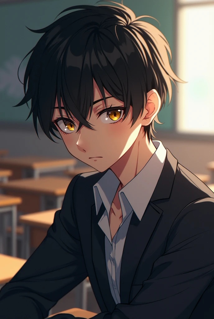 ((Best Quality)), ((masterpiece)), ((detailed)), ((High Definition)), A high school student in anime style, with honey-colored eyes and short black hair. He is handsome, attractive and cool. He wears his school uniform. The lighting is soft, highlighting her facial features and giving an enigmatic glow to her eyes., which gives him a somewhat intimidating air of leadership.. Pose that reflects his boredom, He is sitting in his seat. A classroom in the background.