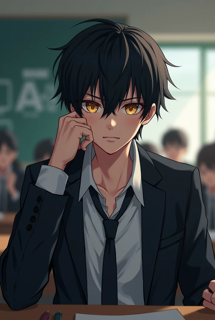 ((Best Quality)), ((masterpiece)), ((detailed)), ((High Definition)), A  high school student in anime style, with honey-colored eyes and short black hair. He is handsome, attractive and cool. He wears his school uniform. The lighting is soft, highlighting her facial features and giving an enigmatic glow to her eyes., which gives him a somewhat intimidating air of leadership.. Pose that reflects his boredom, He is sitting in his seat. A classroom in the background.