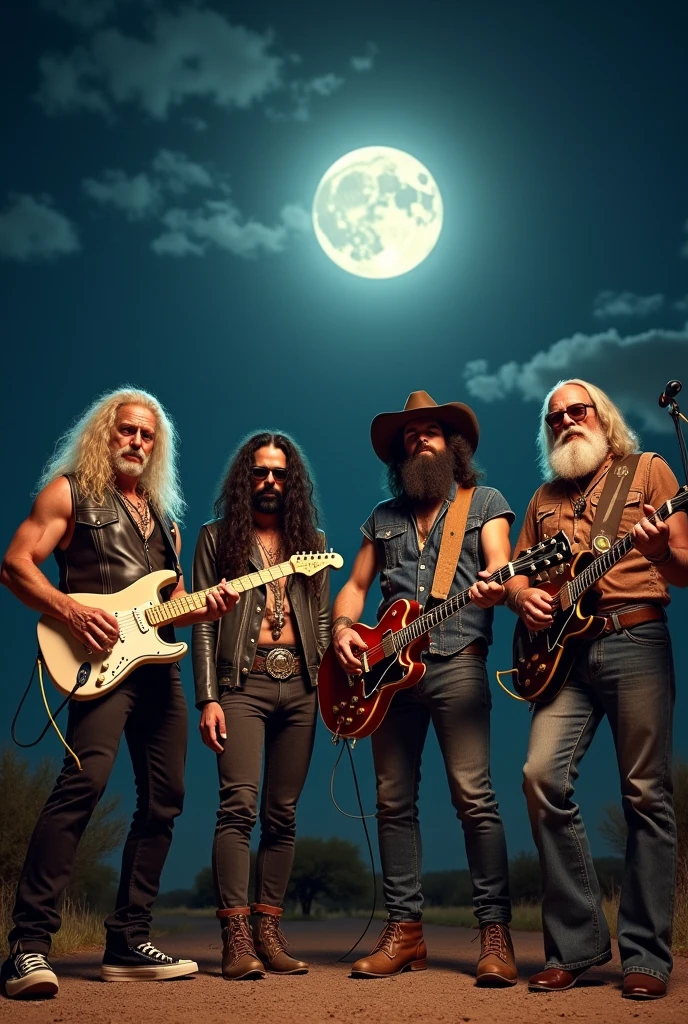 Image of 4 members of a southern rock band.
1 member has very long, blonde hair, does not wear a hat, use beard loira, has a strong physical build, wears a leather vest and tight leather pants, holding a white Les Paul guitar. 1 member has long black curly hair, use beard, wears All Star and holds a drumstick. 1 member has long black hair, use beard bem comprida, doesn&#39;t wear glasses, wears a cowboy hat and holds a brown bass guitar. 1 member wears long blonde hair, does not wear a hat usa cavanhaque comprido, wears square style glasses, wears bell-bottom pants and holds an old microphone.
Everyone is under the moonlight in Texas.