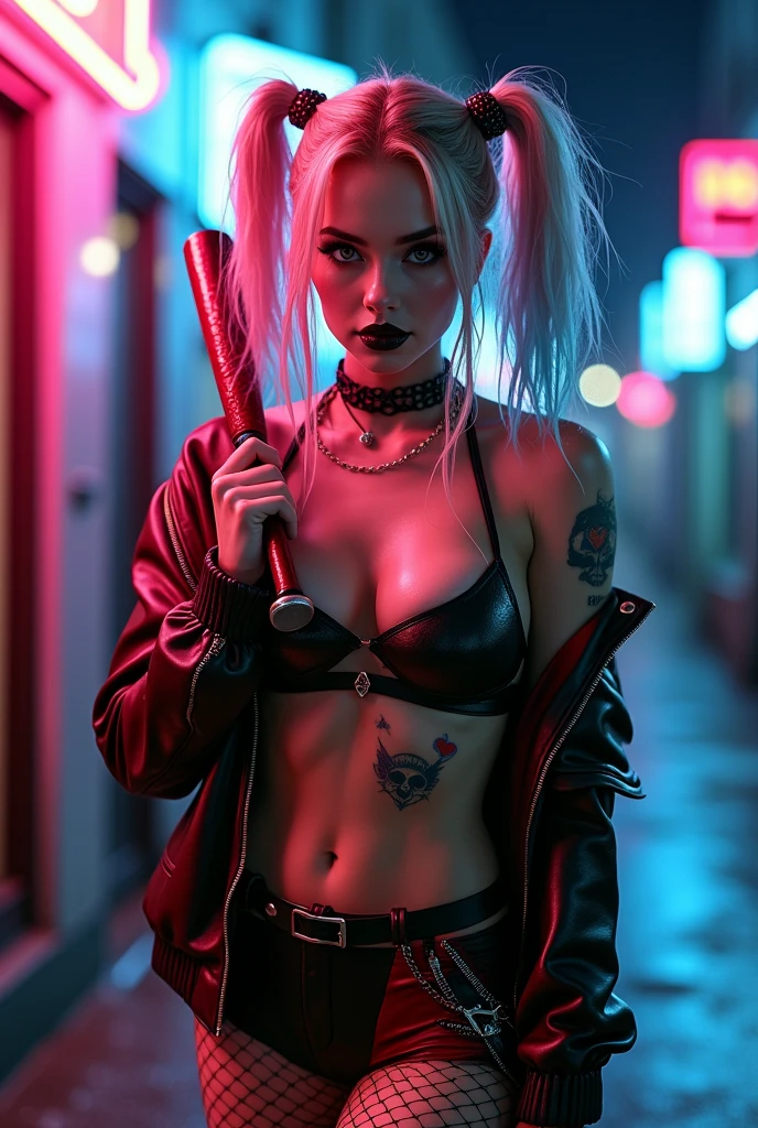 ((NSFW)) Masterpiece, portrait of a beautiful young lady with the apearance of harley quinn with pretty make-up and black and red glossy lips. She is posing seductively with a sexy and sultry expression while laughing manically and holding a basball bat. She has a tattoo of a skull and heart, and a small diamond tattoo under her eye. She has thick long blonde hair tied in twin bunches with pink and blue ends and she is wearing a small tight black and red leather jacket falling off one shoulder and tight black and red short leather skirt with chains and fishnet stockings. She is in on a city sidwalk at night with pink and blue neon lights illuminating the scene. it is raining, she is wet with wet hair. She has very large Voluptuous breasts. One hand is cupping one of her breasts. Taken by professional photographer using a canon 5D mark 3. Extremely detailed and colourful --ar 2:3 --v 6.0 --style raw --s 750