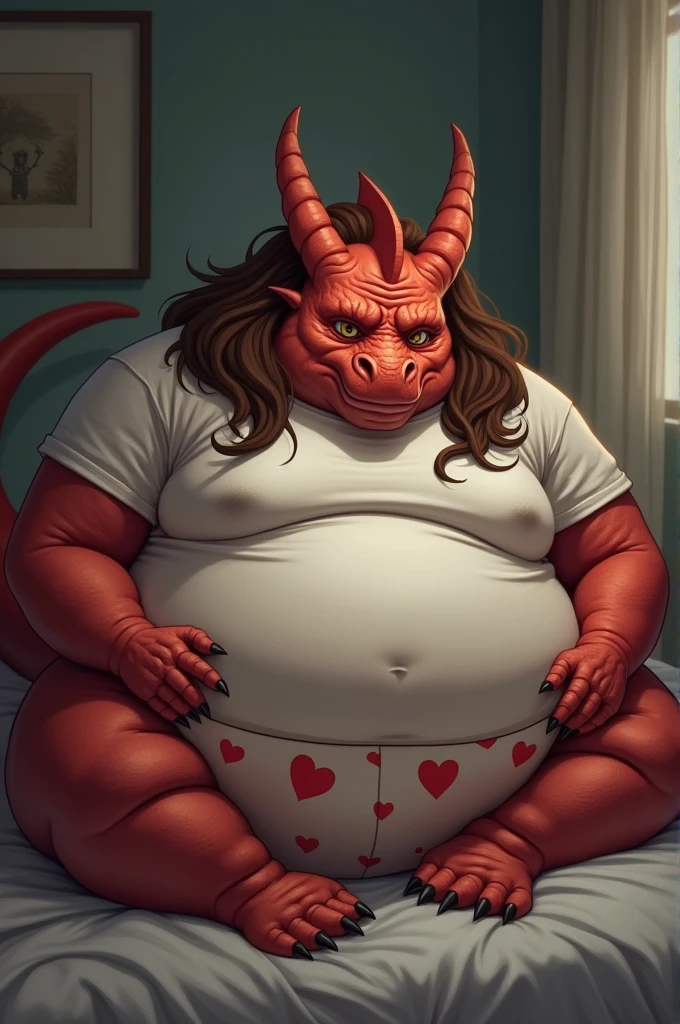 Red Dragon, male, brown long hair, extremely obese, big round belly, heart underpants, tight short sleeves t-shirt, laying on a bed, sad
