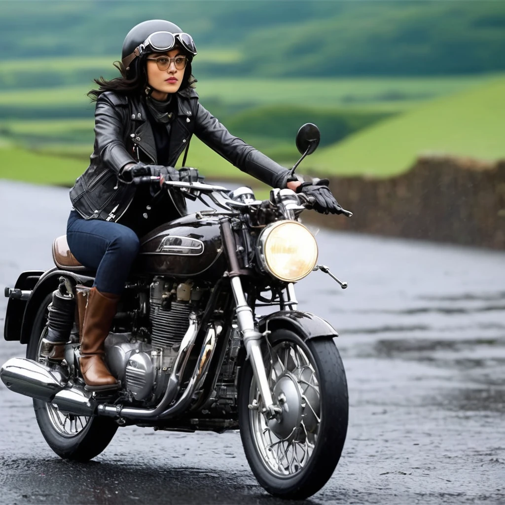 (クラシックRiding on motorcycle )、(Vintage Bikes)、Isle of Man Races、 (Riding on motorcycle:1.2), Beautiful young woman、1、Beautiful Face, Beautiful and delicate eyes, Black Hair, Short Bob Hair,  Classic Leather Jacket、Cromwell helmet with goggles、After the Rain、English countryside、 Detailed Description、(Highest quality, masterpiece, High resolution)、8k、wallpaper
