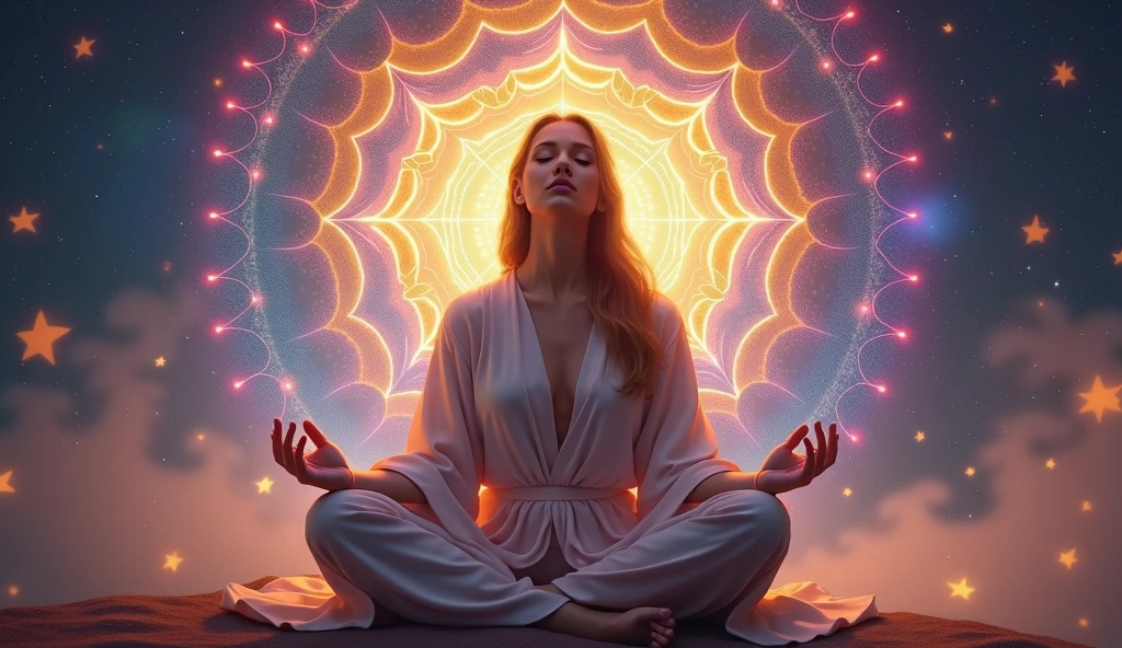 woman meditating being enlightened by the divine spirit, in the background a colorful mandala