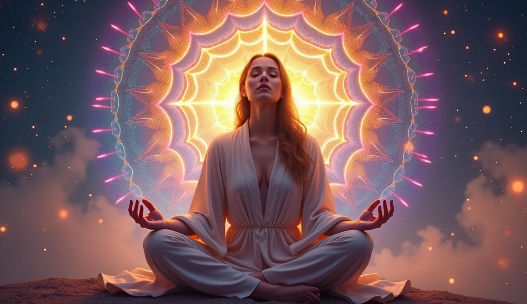 woman meditating being enlightened by the divine spirit, in the background a colorful mandala