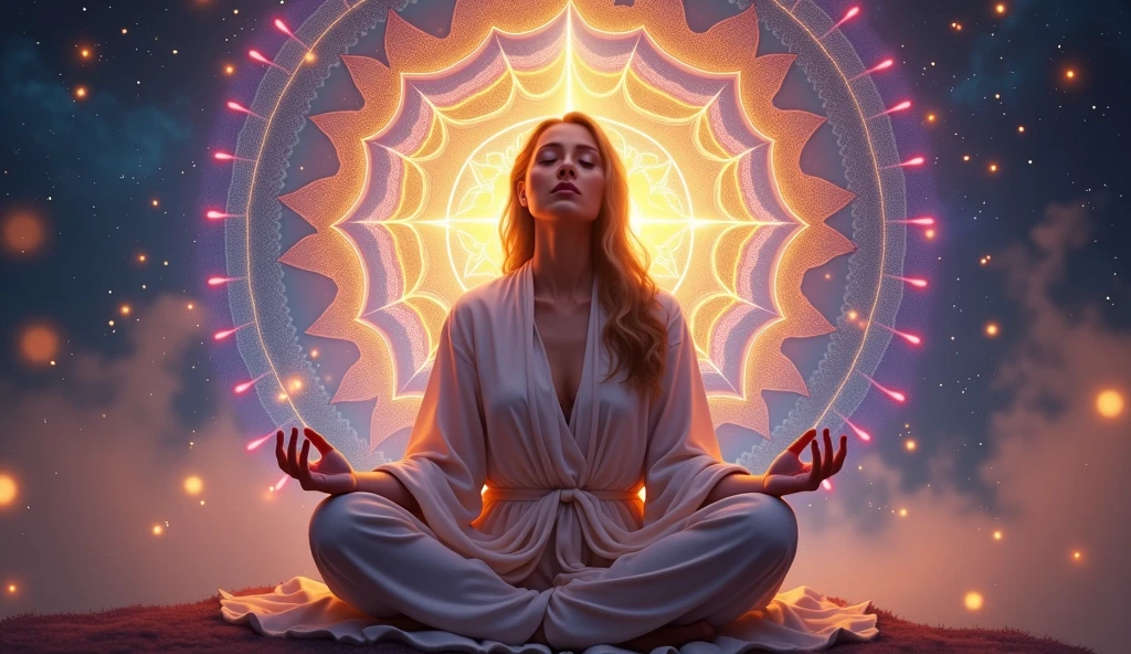 woman meditating being enlightened by the divine spirit, in the background a colorful mandala