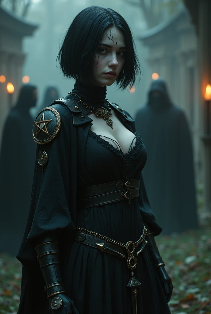 A pale girl with short black hair, From the Middle Ages, realisitic, arcane style, in dark alchemist clothes with a steampunk prosthetic left arm with a pentagram, cut on the face, Dagger at the waist, with a religious group behind, the night, tenebrosa.