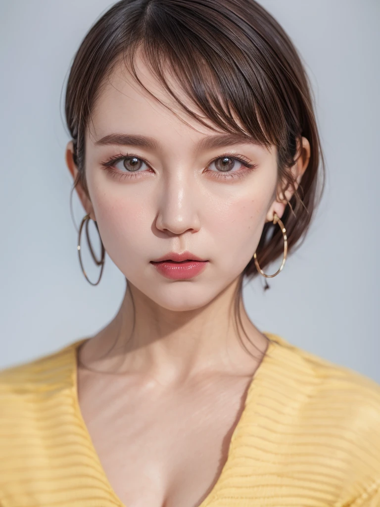 1girl, solo, looking at viewer, short hair, bangs, brown hair, holding, brown eyes, jewelry, earrings, parted lips, mole, lips, makeup, lipstick, portrait, hoop earrings, cosmetics, lipstick tube