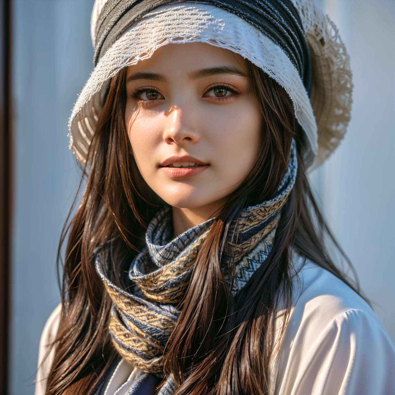 Long-haired Arafad woman wearing hat and scarf, Realistic digital art 4k, Realistic digital art 4k, Soft portrait shots in 8K, photoRealistic art style, photorealistic beautiful face, cinematic realistic portraits, Beautiful digital art work, realistic beautiful face, Realistic art style, 3D rendering character art 8k, Beautiful realistic face, Stunningly realistic graphics, full body photo shot