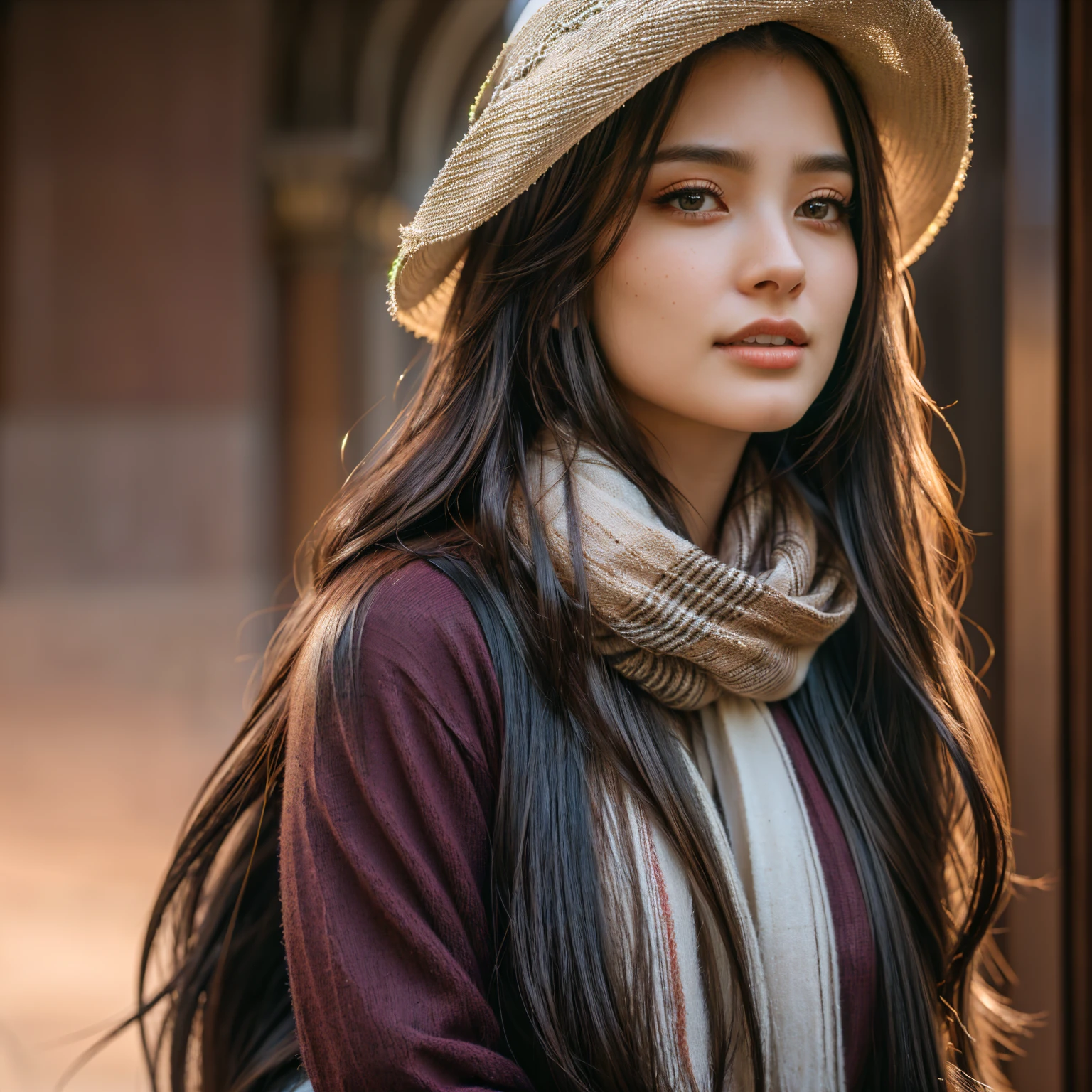 Long-haired Arafad woman wearing hat and scarf, Realistic digital art 4k, Realistic digital art 4k, Soft portrait shots in 8K, photoRealistic art style, photorealistic beautiful face, cinematic realistic portraits, Beautiful digital art work, realistic beautiful face, Realistic art style, 3D rendering character art 8k, Beautiful realistic face, Stunningly realistic graphics, full body photo shot 
