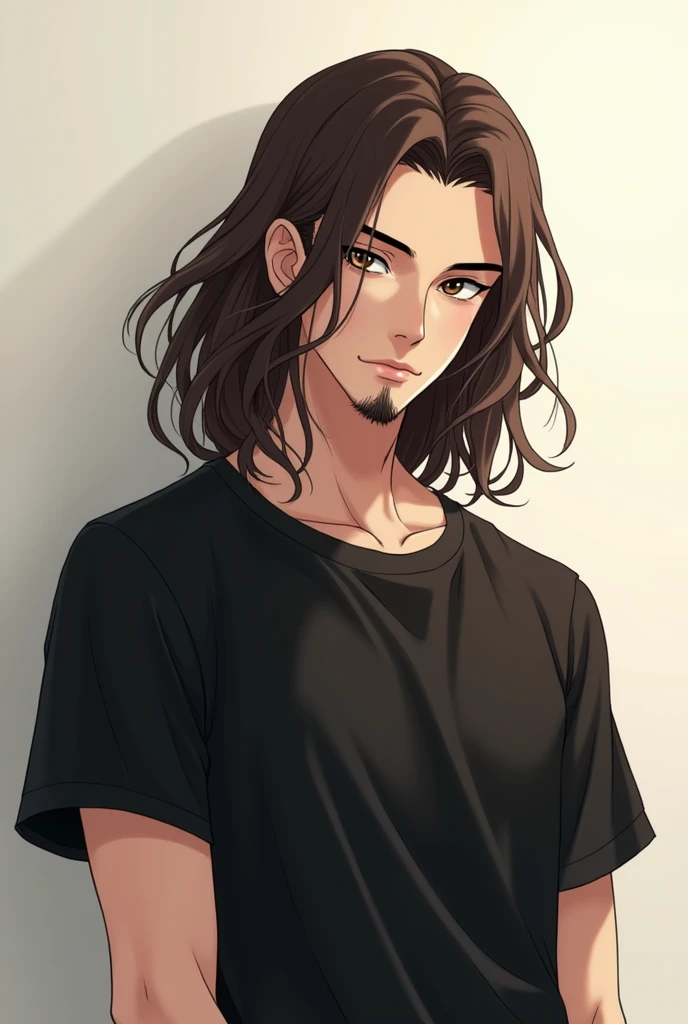 Make a male anime character, offwhite, dark brown eyes and long brown hair, with a goatee and a black t-shirt.