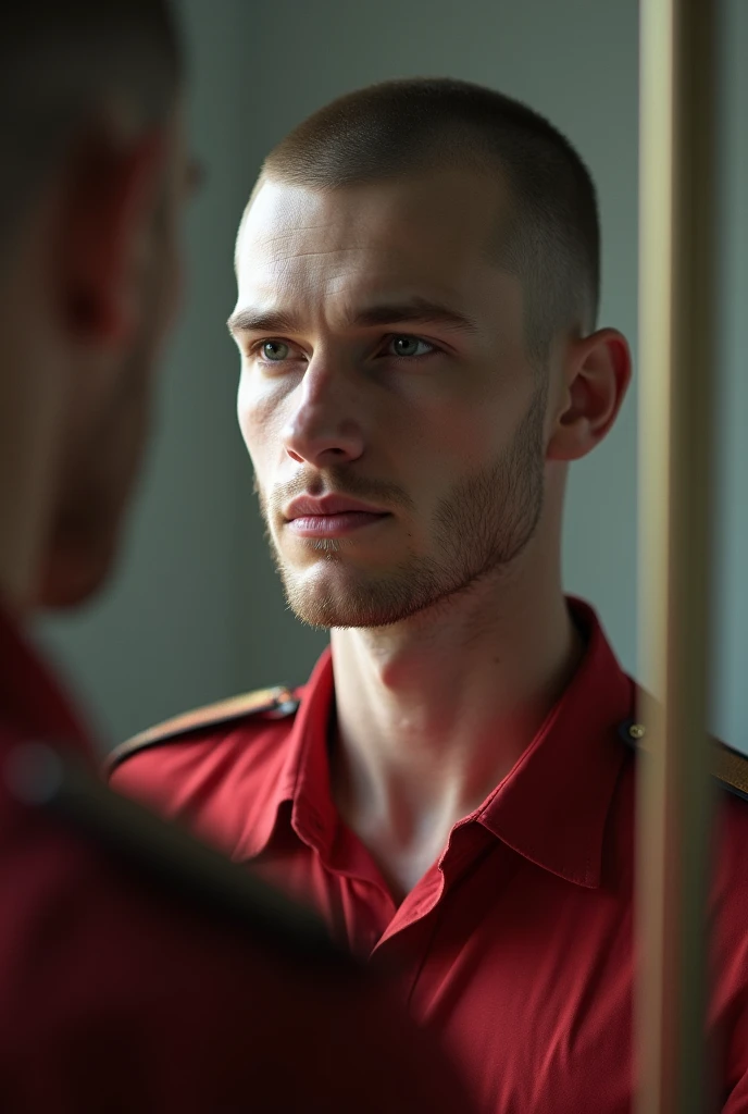 man with military style hair, white skin, light brown hair, light brown eyes. Red shirt in the mirror, not strong