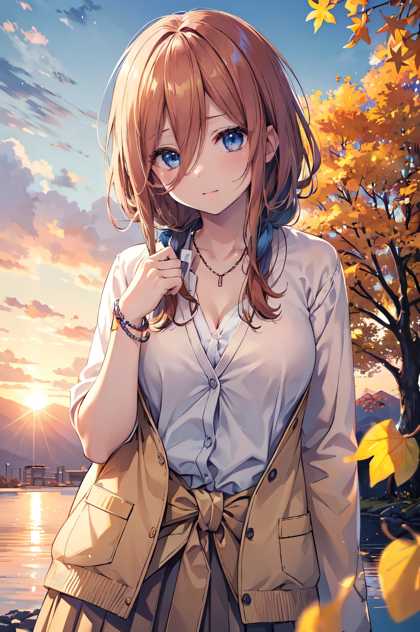 Bright lighting、Beautiful illustrations、
(8k, RAW Photos, Highest quality, masterpiece:1.2), (Realistic, Photorealistic:1.37), Ultra-detailed, 1 person, solo, cute, Beautiful poop、(School uniforms:1.2), (Improve:1.2), (White shirt:1.3), (Beige cardigan tied around the waist:1.3), ((Cleavage, Button unbuttoned):1.2), (Checkered Pleated Skirt:1.2), ((necklace,Colorful Bracelets,x Hair accessories):1.2), Mountain, wood々Yellow leaves of, autumn leaves、Background view, sunset, sunlight, Beautiful afternoon, cloud, Wind in my hair, Leaves flutter, Environment details, More vibrant colors, Saturation effect