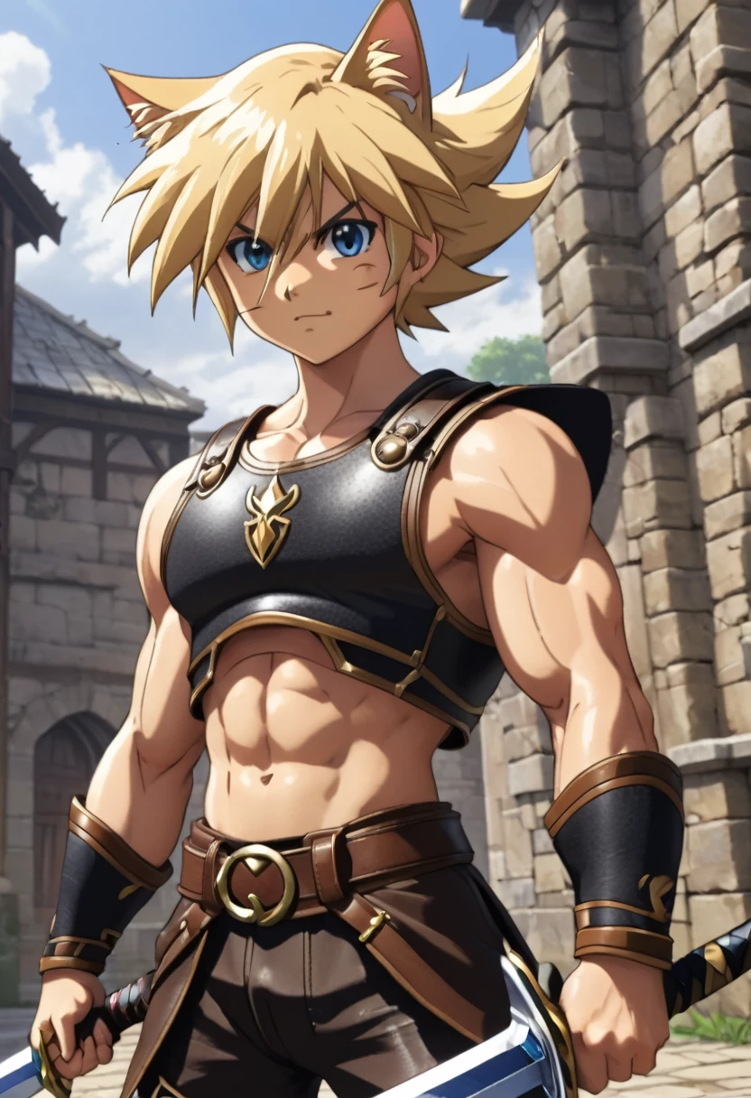 young, Blonde, Cat ear, (12, sweating), Trained abdominal muscles, Chiseled pectoral muscles, 真swordな表情, ((3D anime art style)), sword, Combat Stance, Leather Strap, Leather Armor,juvenile,Huge muscles,