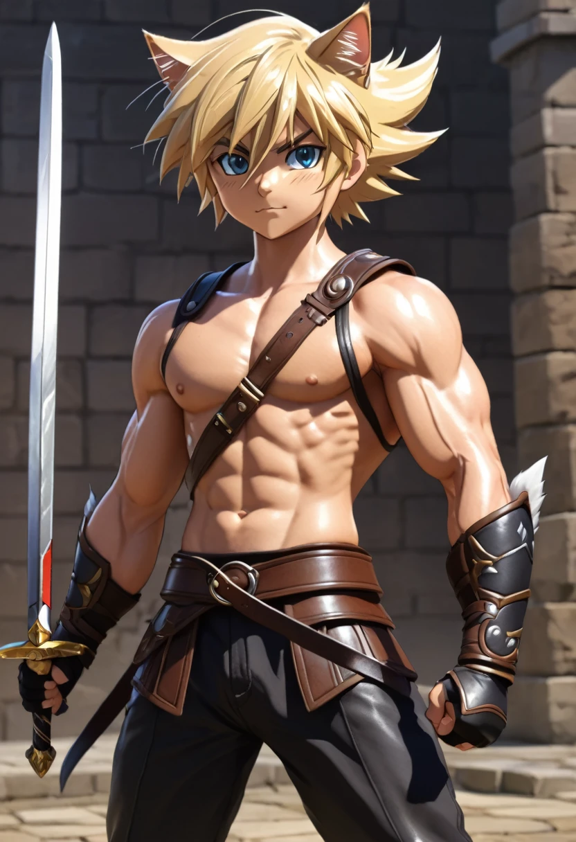 young, Blonde, Cat ear, (12, sweating), Trained abdominal muscles, Chiseled pectoral muscles, 真swordな表情, ((3D anime art style)), sword, Combat Stance, Leather Strap, Leather Armor,juvenile,Huge muscles,