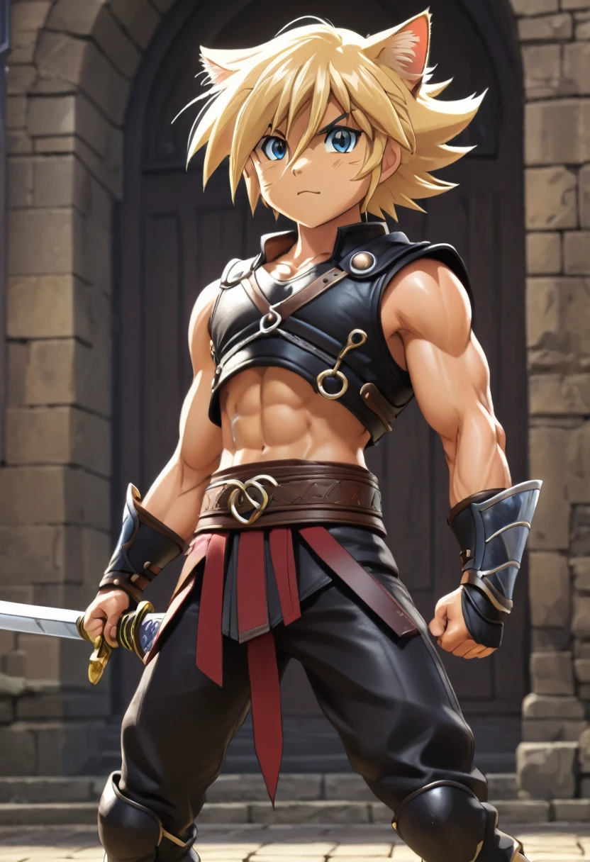 young, Blonde, Cat ear, (12, sweating), Trained abdominal muscles, Chiseled pectoral muscles, 真swordな表情, ((3D anime art style)), sword, Combat Stance, Leather Strap, Leather Armor,juvenile,Huge muscles,