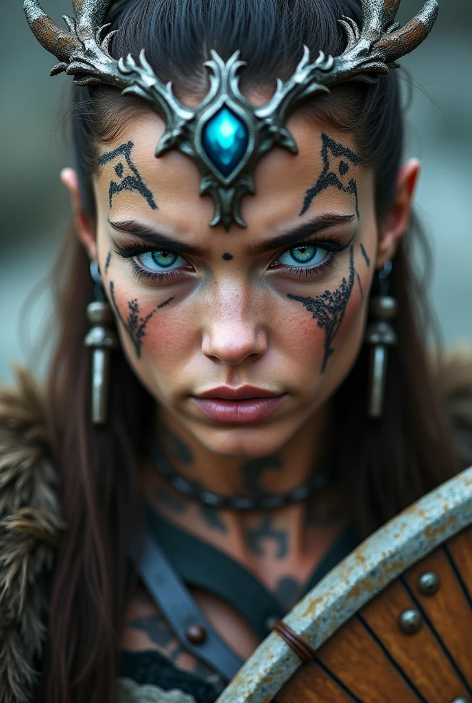Close up face beautiful viking woman, wooden shield in hand , strong blue light in the eyes, crown of wings and feathers , viking drawing on eyes, Angry, bone ornaments on the neck, battle armor, focused, braids in hair