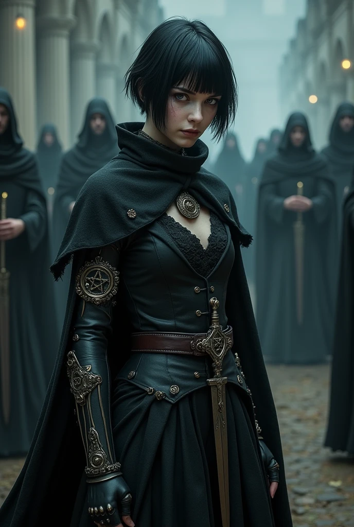 A pale girl with short black hair, From the Middle Ages, realisitic, arcane style, in dark alchemist clothes with a steampunk prosthetic left arm with a pentagram, cut on the face, Dagger at the waist, with a religious group behind, the night, tenebrosa.