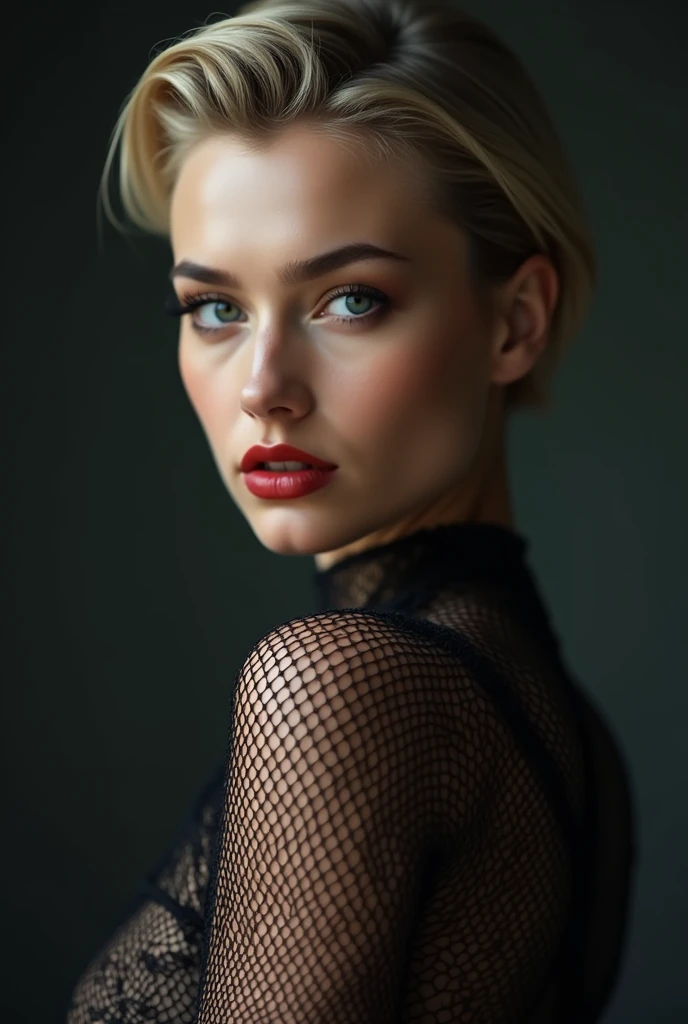 ((Make your subject look three-dimensional with the contrast of light and shadow)), Realistic (photorealistic Realism 16K Quality), ultra realistic details: velvety skin, blonde short slicked to the side hair, symmetrical lips, light glossy red_lipstick, long blue_eyelashes, pupils, (clear sharp focus, not blurry, Realistic brown_eyes:1.35), (anatomically correct), (perfect female body:1.4),beautiful feet,cute girl,(firm and full breasts:1.3), Hyper Photorealistic ((portrait)) a cute 1model:1.4 24yo, dslr, best high quality soft lighting, sharp focus captured by Fujifilm XT3, f 5.6, in a dramatic lighting, (perfect composition), pale skin, (dry skin), ((her outfit consists of black fishnet stockings all over her body:1.3)),