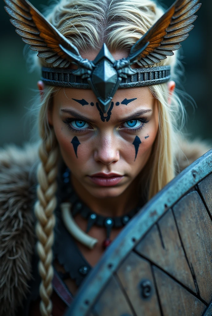 Close up face beautiful viking woman, wooden shield in hand , strong blue light in the eyes, crown of wings and feathers , viking face paintings, Angry, bone ornaments on the neck, battle armor, focused, braids in hair