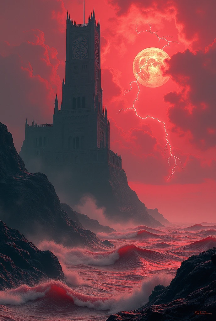 A dark tower on cliffs where the waves of a red sea break with a titan walking in the background
