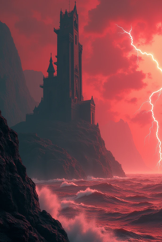 A dark tower on cliffs where the waves of a red sea break with a titan walking in the background