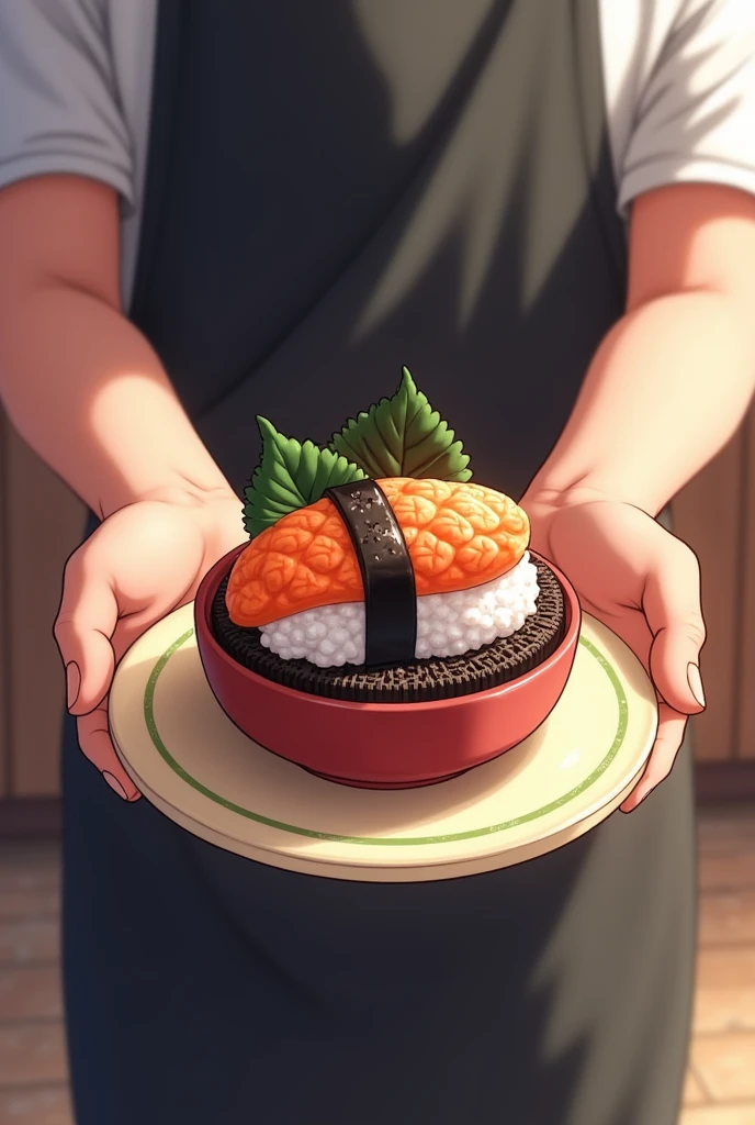 Person holding a plate with sushi-shaped Oreo on top in a bowl anime wearing a black apron man