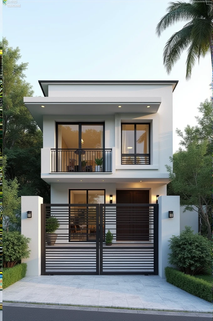 Create a simple house facade with two gates, one for the garage and one for the entrance, on a steep plot of land (slope), where the lower part will be the garage