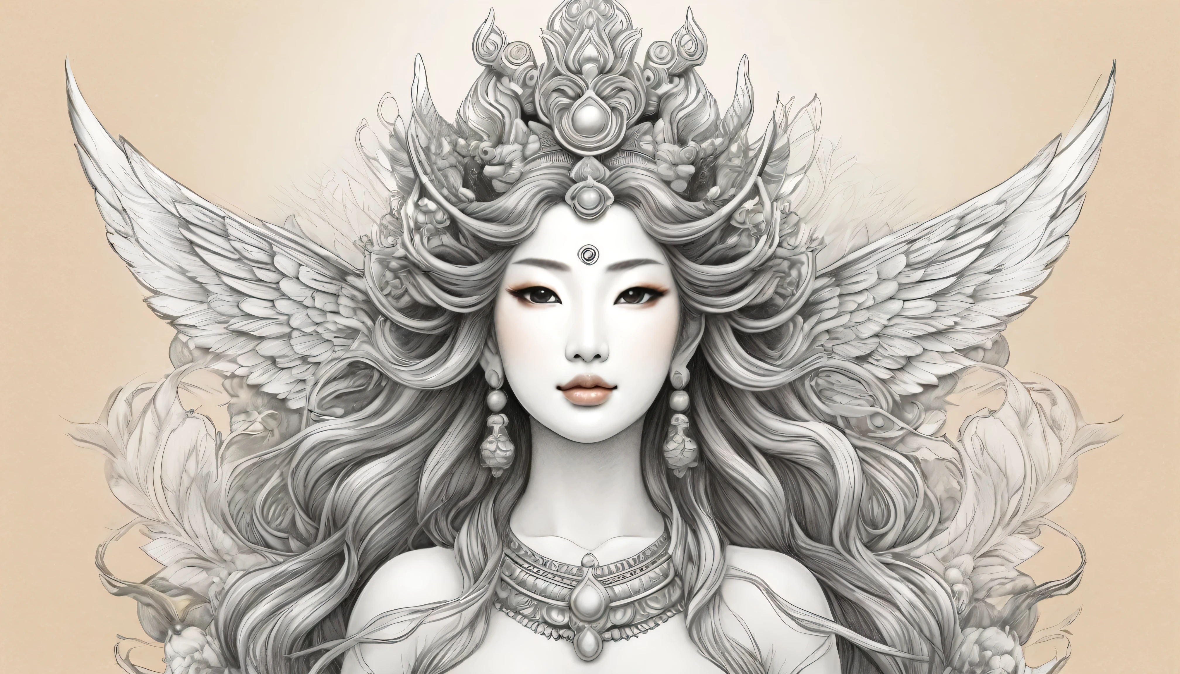 Goddess front view、Pencil drawing style