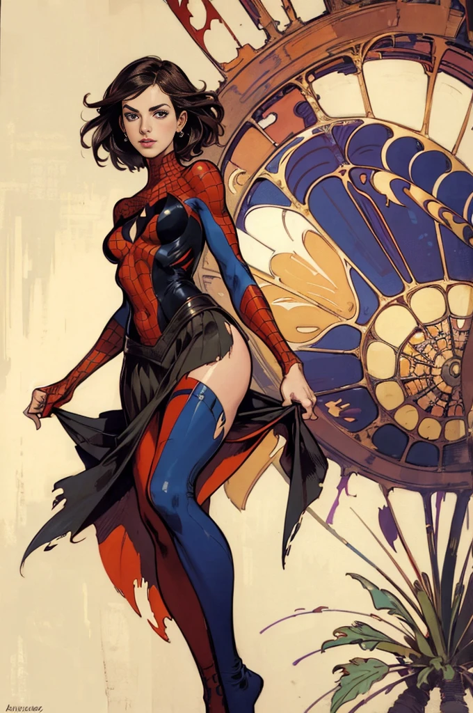 Anne Hathaway、stick out the navel、new york、wearing a torn spiderman suit、Wearing a skirt、Abstract and realistic、Artistic、Alphonse Mucha paintings（masterpiece、Highest quality、High resolution：1.4）、detailed、Exquisite detail、4K、Splashes of color、Line art、Fibonacci、