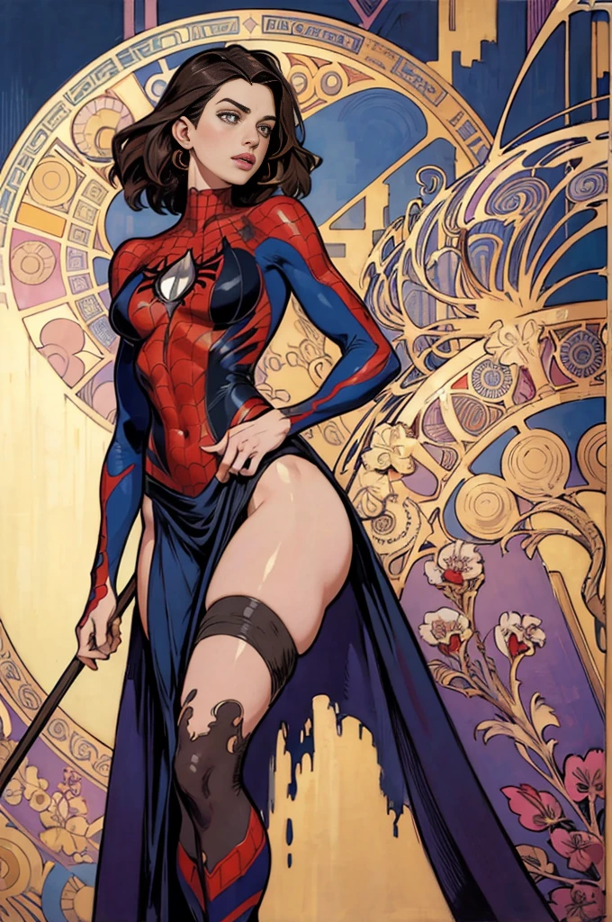 Anne Hathaway、stick out the navel、new york、wearing a torn spiderman suit、Wearing a skirt、Abstract and realistic、Artistic、Alphonse Mucha paintings（masterpiece、Highest quality、High resolution：1.4）、detailed、Exquisite detail、4K、Splashes of color、Line art、Fibonacci、