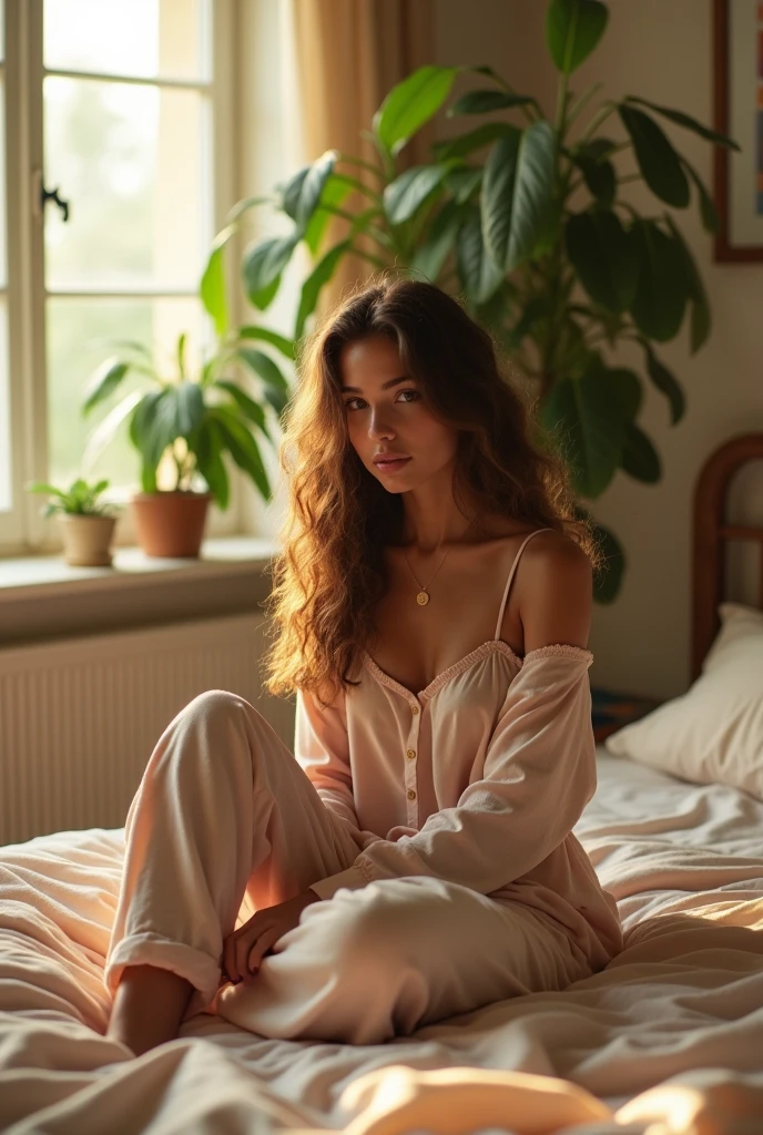 (photoréalisme : 1.2), belle femme, assise sur le lit, portant un haut ample à épaules dénudées, un pantalon de pyjama, de longs cheveux bouclés, à l'intérieur, un éclairage doux, des plantes en arrière-plan, une fenêtre avec la lumière du soleil, une pièce confortable, se détendre