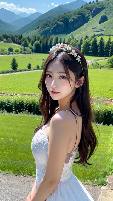 Background、Wide countryside、In the middle where you can see the mountains、Beautiful woman in a white dress