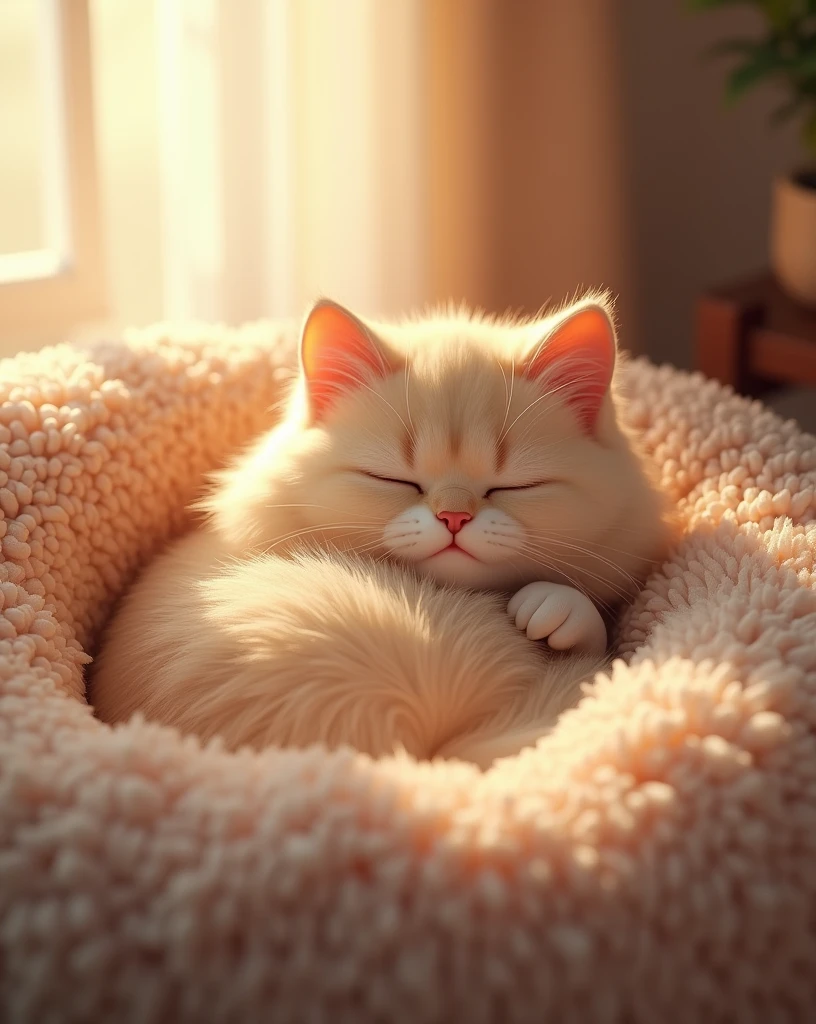"Create a cozy scene of a fluffy cat curled up and sleeping peacefully. The cat has soft, thick fur, gently rising and falling with each breath. Its paws are tucked under its body, and its tail is wrapped around it like a warm blanket. The cat's face shows a content expression, with closed eyes and slightly twitching whiskers. The background is soft and inviting, perhaps a plush pillow or a cozy blanket, bathed in warm, gentle light, creating a serene and tranquil atmosphere."