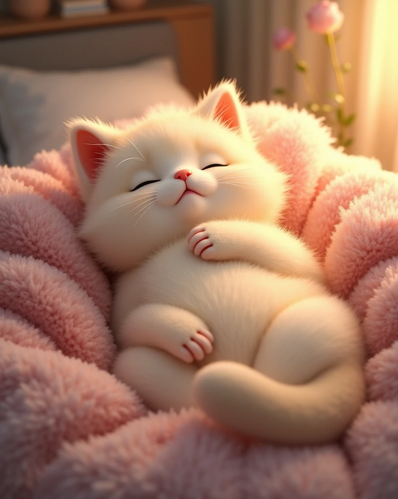 "Create a cozy scene of a fluffy cat curled up and sleeping peacefully. The cat has soft, thick fur, gently rising and falling with each breath. Its paws are tucked under its body, and its tail is wrapped around it like a warm blanket. The cat's face shows a content expression, with closed eyes and slightly twitching whiskers. The background is soft and inviting, perhaps a plush pillow or a cozy blanket, bathed in warm, gentle light, creating a serene and tranquil atmosphere."