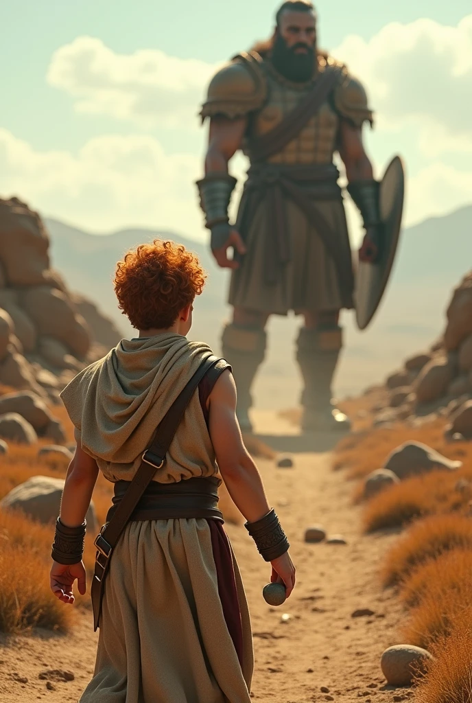 King David, adolescent, FIGHTING GOLIATH, red hair, SHEEP SHEPHERD&#39;S CLOTHING, WITH A STONE AND A SLING IN HIS HANDS. 8K realistic picture.
