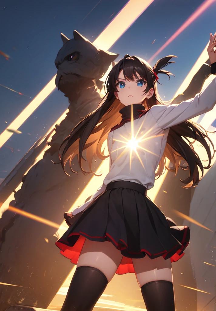 solo, masterpiece, best quality, outdoors, street, (sun rays), cowboy shot, looking at viewer, closed mouth, :o, rin, blue eyes, brown hair, long hair, two side up, parted bangs, black hair ribbon, red sweater, long sleeves, turtleneck, cross print, black skirt, pleated skirt, miniskirt, black thighhighs, waving