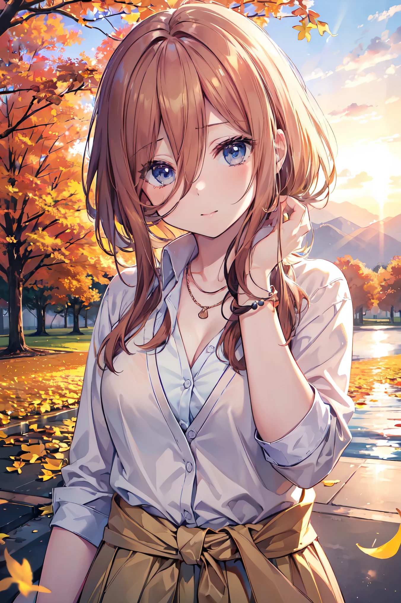 Bright lighting、Beautiful illustrations、
(8k, RAW Photos, Highest quality, masterpiece:1.2), (Realistic, Photorealistic:1.37), Ultra-detailed, 1 person, solo, cute, Beautiful poop、(School uniforms:1.2), (Improve:1.2), (White shirt:1.3), (Beige cardigan tied around the waist:1.3), ((Cleavage, Button unbuttoned):1.2), (Checkered Pleated Skirt:1.2), ((necklace,Colorful Bracelets,x Hair accessories):1.2), Mountain, wood々Yellow leaves of, autumn leaves、Background view, sunset, sunlight, Beautiful afternoon, cloud, Wind in my hair, Leaves flutter, Environment details, More vibrant colors, Saturation effect