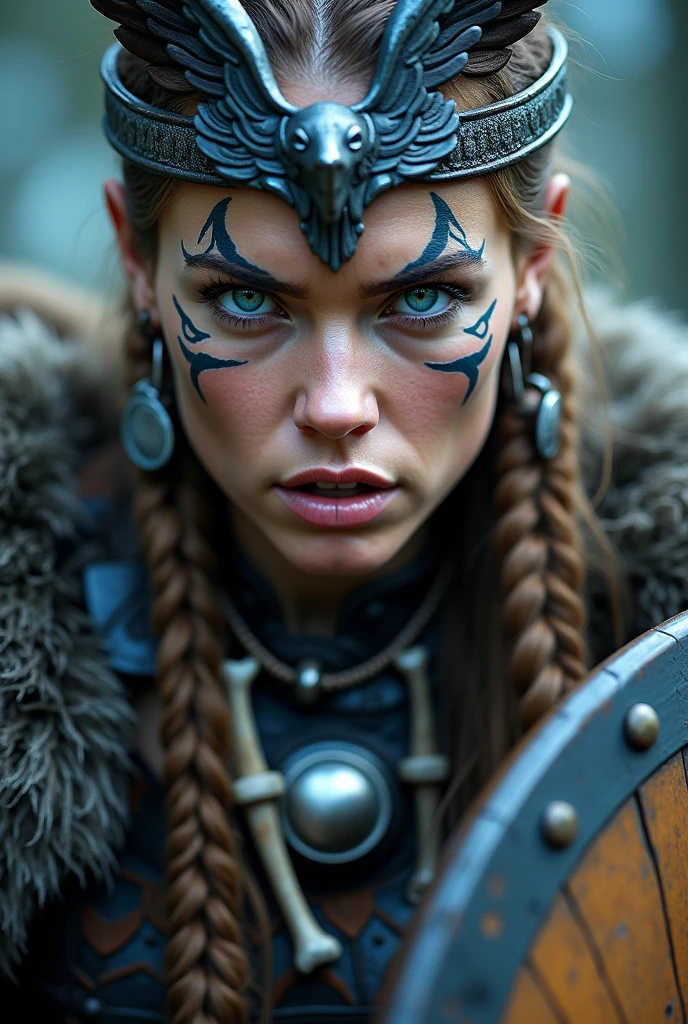 Close up face beautiful viking woman, wooden shield in hand , strong blue light in the eyes, crown of wings and feathers , viking face paintings, Angry, bone ornaments on the neck, battle armor, focused, braids in hair