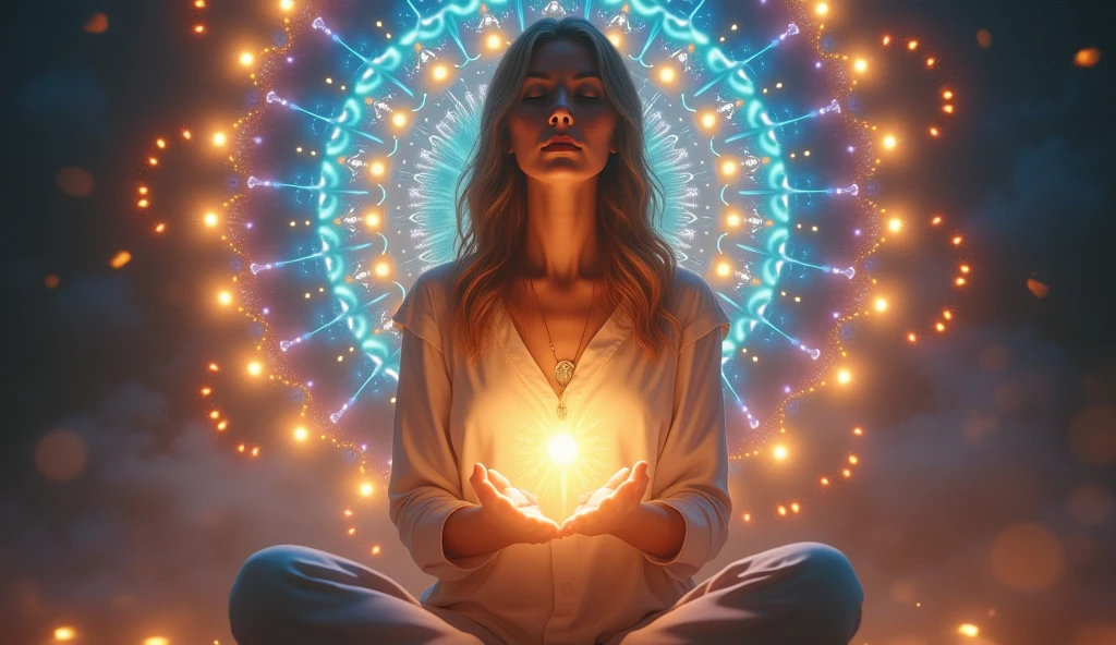 woman meditating being enlightened by the divine spirit, hands full of light, hands illuminating the environment, hands blessing the environment, in the background a colorful mandala