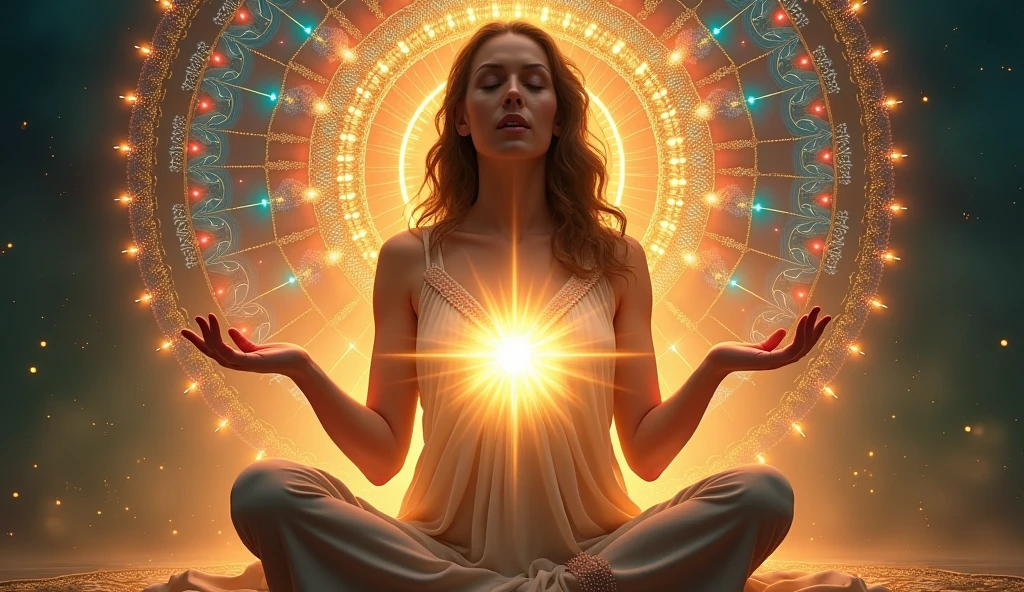 woman meditating being enlightened by the divine spirit, hands full of light, hands illuminating the environment, hands blessing the environment, in the background a colorful mandala
