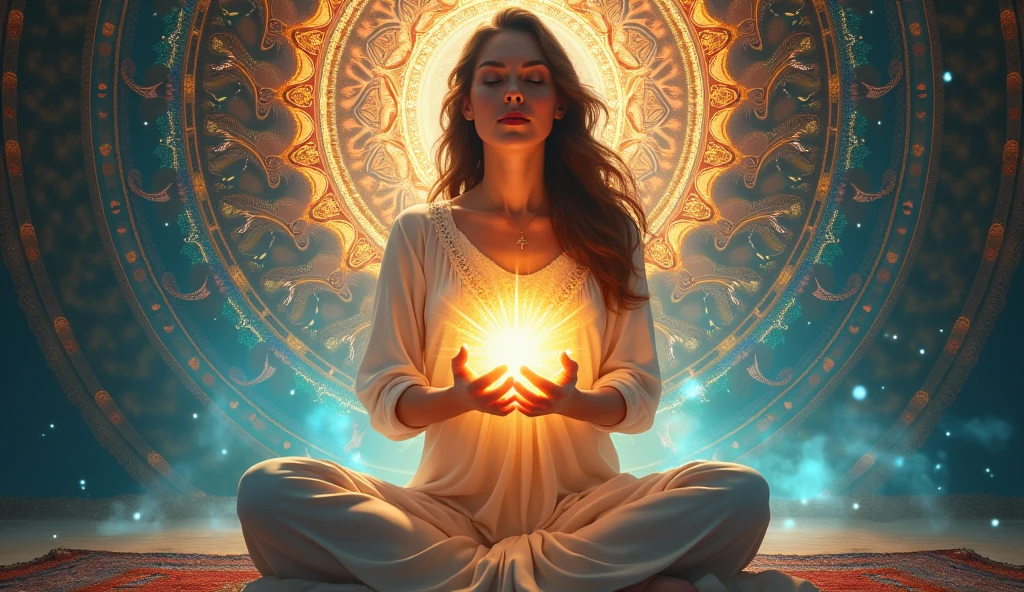woman meditating being enlightened by the divine spirit, hands full of light, hands illuminating the environment, hands blessing the environment, in the background a colorful mandala