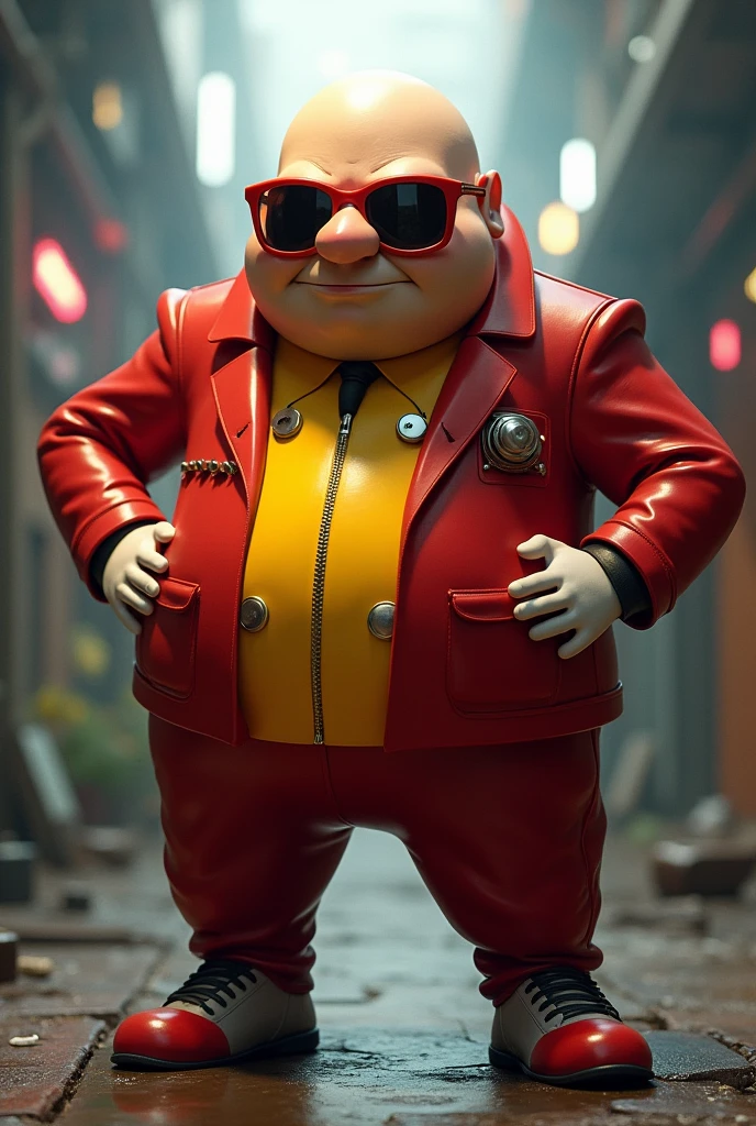 DR. eggman (también conocido como DR. Ivo Robotnik) He is an iconic villain in the Sonic the Hedgehog universe.. Here are the key details of her appearance:
Face and Hair:
He has a large, round head with a prominent bald spot..
His face is somewhat oval., with a big, pointed nose that looks like an egg.
He wears a pair of red glasses with dark lenses that are always on his face..
body:
Its body is robust and rounded..
He wears a red suit with a wide yellow stripe down the center.. The suit has metallic details on the edges, especially in the chest area.
Accessories:
She wears white gloves with gold rings on her wrists..
On his chest he has a device with an emblem of three red circles., which is part of your technological team.
Pants and Boots:
Wear black pants and yellow boots with red details.
Attitude and Posture:
Generally, He is seen with a malicious or frustrated expression.
His posture is upright, often with one hand on the hip and the other pointing or manipulating some gadget.
Extras:
He is often depicted with some sort of technological device or robot that he is manipulating or controlling..