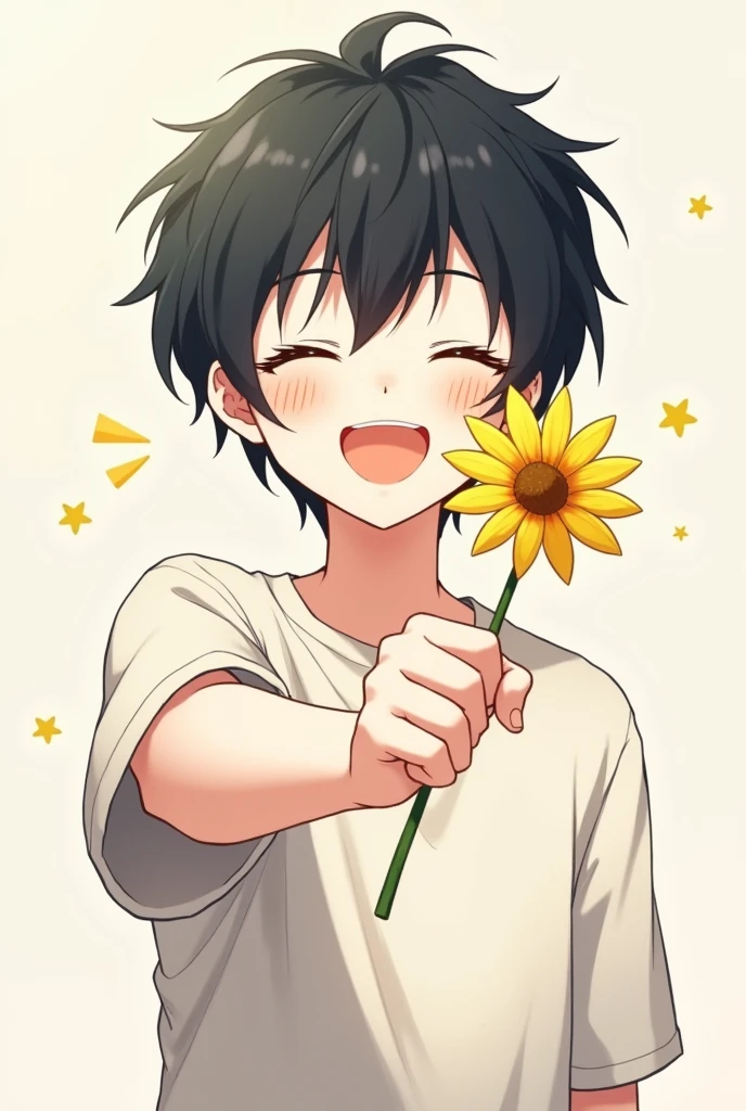 ager with messy black haircut and skater style and white skin and smiling with eyes closed and offering yellow flower anime style